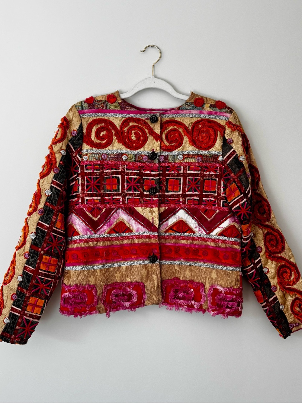 Vintage Sandy Starkman Y2K Embroidered Artisan Patchwork Boho Jacket, Pink – S